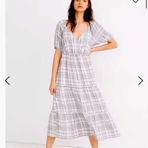 NWT Madewell Puff Sleeve Faux Wrap Dress Plaid White & Blue
